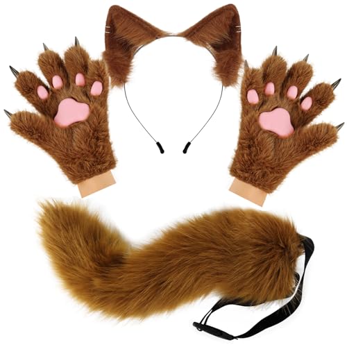 hbbhml flauschige Ohren Schwanz und Katze Pfoten Handschuhe Set Cosplay Kostüm Zubehör für Halloween Weihnachten Karneval Party verkleiden von hbbhml