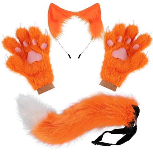 hbbhml flauschige Ohren Schwanz und Katze Pfoten Handschuhe Set Cosplay Kostüm Zubehör für Halloween Weihnachten Karneval Party verkleiden von hbbhml