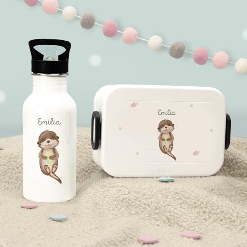 Hellomini Personalisierte Mepal-Lunchbox & Edelstahl-Trinkflasche 500ml Set mit Wunschname & Tiermotiv – Brotzeitbox & Trinkflasche Kinder Schule Kita Geschenk (Otter) von hellomini