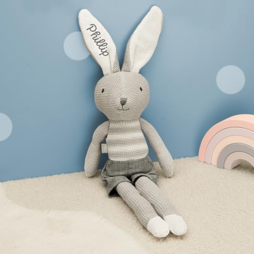 Personalisiertes Kuscheltier Kuschelhase Stofftier Stoffpuppe von Jollein – weich, leicht & Geschenk zur Geburt Taufe Weihnachten – optional mit Namen personalisierbar - für Jungen Mädchen (Hase Grau) von hellomini