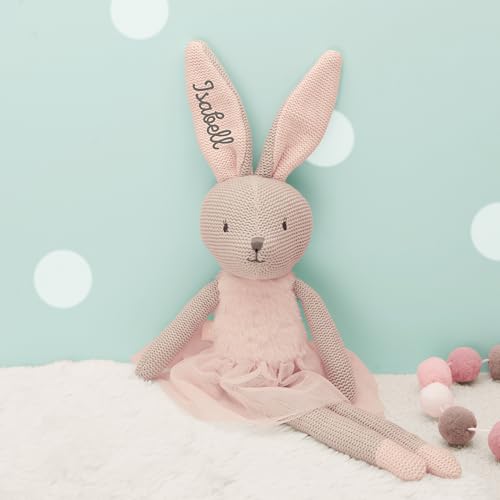 Personalisiertes Kuscheltier Kuschelhase Stofftier Stoffpuppe von Jollein – weich, leicht & Geschenk zur Geburt Taufe Weihnachten – optional mit Namen personalisierbar - für Jungen Mädchen (Hase Rosa) von hellomini