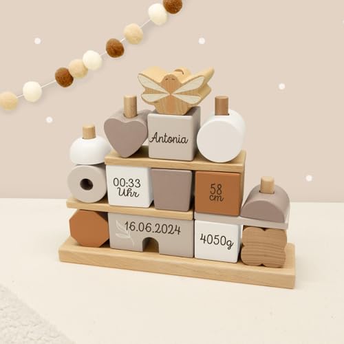 Personalisiertes Steckhaus aus Holz mit Name I Montessori Bauklötze Lernspielzeug I Motorikspielzeug Baby Geschenk Junge Mädchen I Handmade Holzspielzeug I Stapelturm (Beige) von hellomini