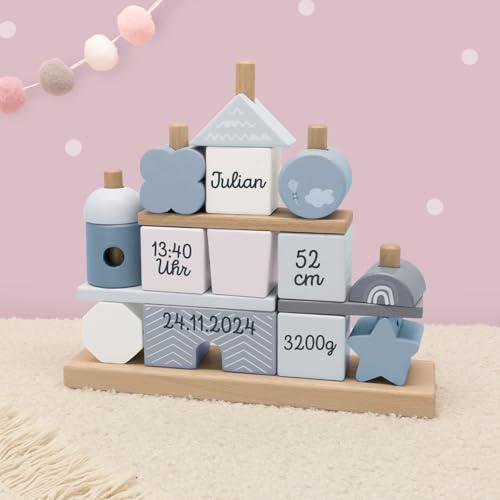 Personalisiertes Steckhaus aus Holz mit Name I Montessori Bauklötze Lernspielzeug I Motorikspielzeug Baby Geschenk Junge Mädchen I Handmade Holzspielzeug I Stapelturm (Blau) von hellomini