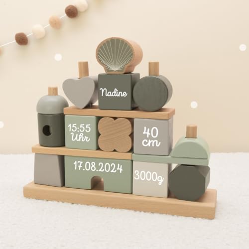 Personalisiertes Steckhaus aus Holz mit Name I Montessori Bauklötze Lernspielzeug I Motorikspielzeug Baby Geschenk Junge Mädchen I Handmade Holzspielzeug I Stapelturm (Olive) von hellomini
