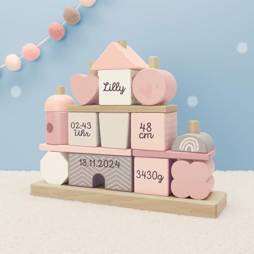 Personalisiertes Steckhaus aus Holz mit Name I Montessori Bauklötze Lernspielzeug I Motorikspielzeug Baby Geschenk Junge Mädchen I Handmade Holzspielzeug I Stapelturm (Rosa) von hellomini