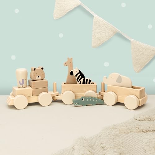 hellomini Holzeisenbahn mit Safari-Tieren | Holzspielzeug mit Gravur | Dschungel-Zug mit Lok, Wagons & Namen | Geschenk zur Geburt oder zum Geburtstag | Jollein (Jungle Jambo - ohne Personalisierung) von hellomini