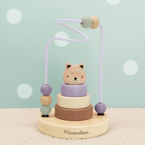 hellomini Montessori Motorikschleife mit Name personalisiert - Motorikspirale ab 1 Jahr - Sortier Stapelspielzeug - Aktivitäts Entwicklungsspielzeug aus Holz - Lernspielzeug für Kleinkinder (Bär) von hellomini