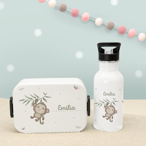 hellomini Personalisierte Mepal-Lunchbox & Edelstahl-Trinkflasche 500ml Set mit Wunschname & Tiermotiv – Brotzeitbox & Trinkflasche Kinder Schule Kita Geschenk (Affe, Weiß) von hellomini