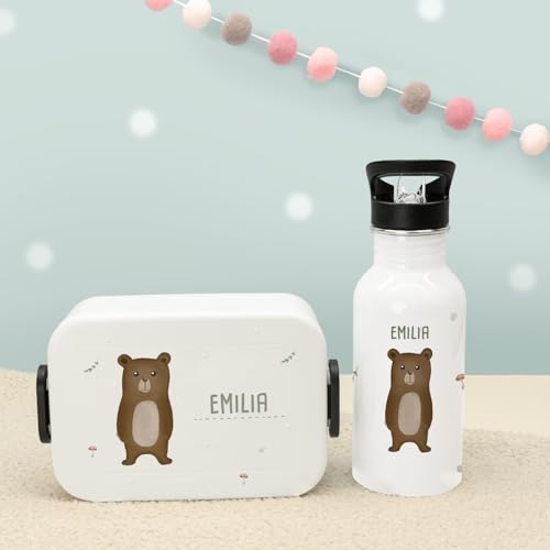 hellomini Personalisierte Mepal-Lunchbox & Edelstahl-Trinkflasche 500ml Set mit Wunschname & Tiermotiv – Brotzeitbox & Trinkflasche Kinder Schule Kita Geschenk (Bär, Weiß) von hellomini
