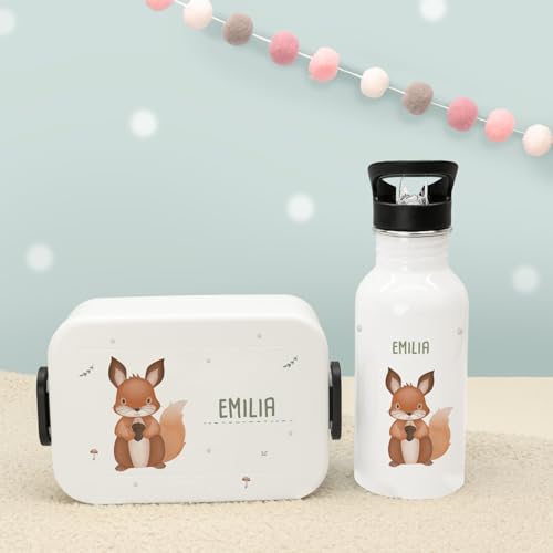 hellomini Personalisierte Mepal-Lunchbox & Edelstahl-Trinkflasche 500ml Set mit Wunschname & Tiermotiv – Brotzeitbox & Trinkflasche Kinder Schule Kita Geschenk (Eichhörnchen, Weiß) von hellomini