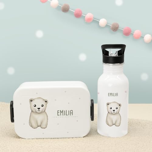 hellomini Personalisierte Mepal-Lunchbox & Edelstahl-Trinkflasche 500ml Set mit Wunschname & Tiermotiv – Brotzeitbox & Trinkflasche Kinder Schule Kita Geschenk (Eisbär, Weiß) von hellomini