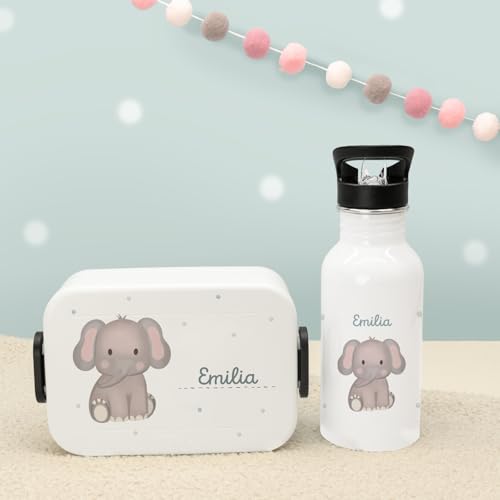 hellomini Personalisierte Mepal-Lunchbox & Edelstahl-Trinkflasche 500ml Set mit Wunschname & Tiermotiv – Brotzeitbox & Trinkflasche Kinder Schule Kita Geschenk (Elefant, Weiß) von hellomini