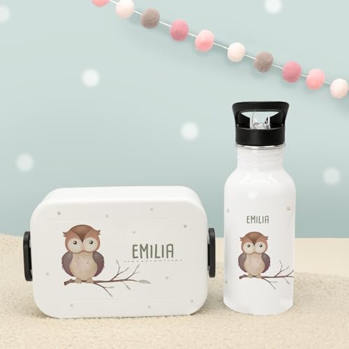 hellomini Personalisierte Mepal-Lunchbox & Edelstahl-Trinkflasche 500ml Set mit Wunschname & Tiermotiv – Brotzeitbox & Trinkflasche Kinder Schule Kita Geschenk (Eule, Weiß) von hellomini