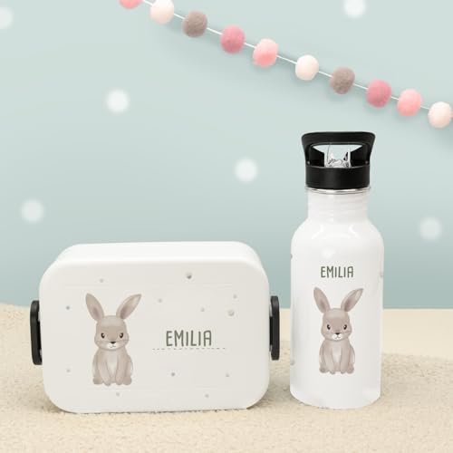 hellomini Personalisierte Mepal-Lunchbox & Edelstahl-Trinkflasche 500ml Set mit Wunschname & Tiermotiv – Brotzeitbox & Trinkflasche Kinder Schule Kita Geschenk (Hase, Weiß) von hellomini
