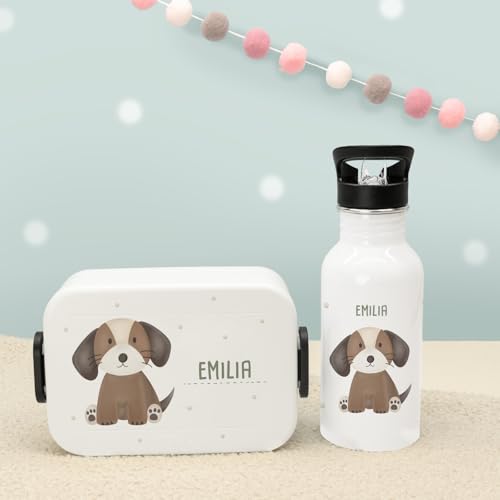 hellomini Personalisierte Mepal-Lunchbox & Edelstahl-Trinkflasche 500ml Set mit Wunschname & Tiermotiv – Brotzeitbox & Trinkflasche Kinder Schule Kita Geschenk (Hund, Weiß) von hellomini