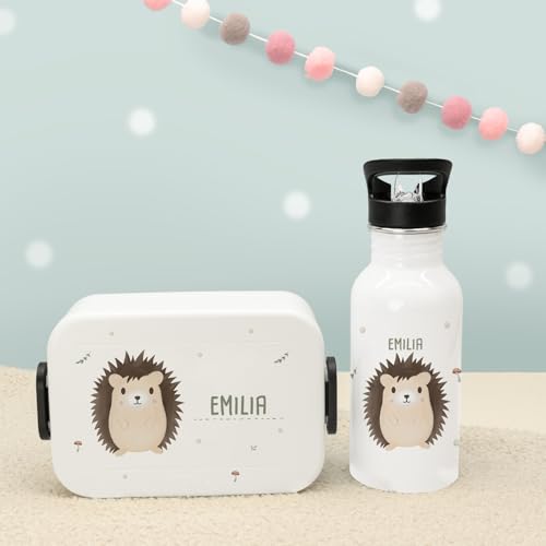 hellomini Personalisierte Mepal-Lunchbox & Edelstahl-Trinkflasche 500ml Set mit Wunschname & Tiermotiv – Brotzeitbox & Trinkflasche Kinder Schule Kita Geschenk (Igel, Weiß) von hellomini