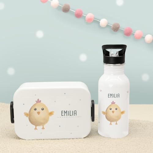 hellomini Personalisierte Mepal-Lunchbox & Edelstahl-Trinkflasche 500ml Set mit Wunschname & Tiermotiv – Brotzeitbox & Trinkflasche Kinder Schule Kita Geschenk (Küken, Weiß) von hellomini