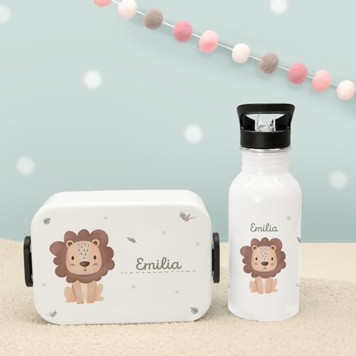 hellomini Personalisierte Mepal-Lunchbox & Edelstahl-Trinkflasche 500ml Set mit Wunschname & Tiermotiv – Brotzeitbox & Trinkflasche Kinder Schule Kita Geschenk (Löwe, Weiß) von hellomini