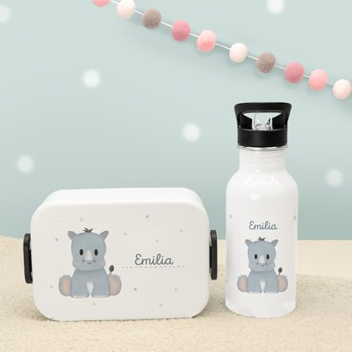 hellomini Personalisierte Mepal-Lunchbox & Edelstahl-Trinkflasche 500ml Set mit Wunschname & Tiermotiv – Brotzeitbox & Trinkflasche Kinder Schule Kita Geschenk (Nashorn, Weiß) von hellomini