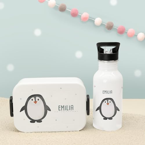 hellomini Personalisierte Mepal-Lunchbox & Edelstahl-Trinkflasche 500ml Set mit Wunschname & Tiermotiv – Brotzeitbox & Trinkflasche Kinder Schule Kita Geschenk (Pinguin, Weiß) von hellomini