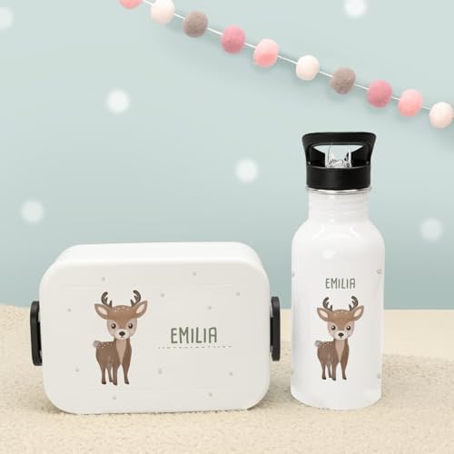 hellomini Personalisierte Mepal-Lunchbox & Edelstahl-Trinkflasche 500ml Set mit Wunschname & Tiermotiv – Brotzeitbox & Trinkflasche Kinder Schule Kita Geschenk (Reh, Weiß) von hellomini