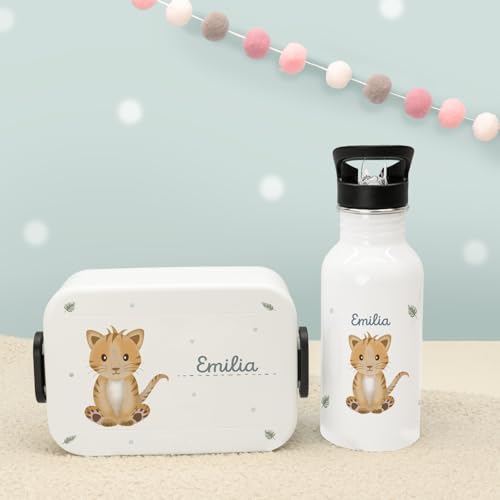 hellomini Personalisierte Mepal-Lunchbox & Edelstahl-Trinkflasche 500ml Set mit Wunschname & Tiermotiv – Brotzeitbox & Trinkflasche Kinder Schule Kita Geschenk (Tiger, Weiß) von hellomini