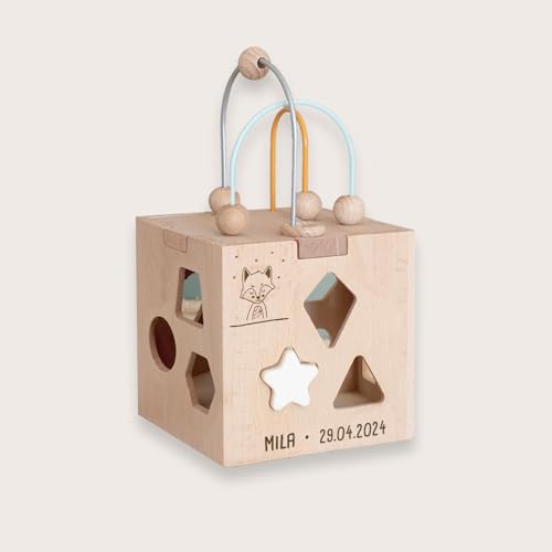 hellomini Personalisierter Motorikwürfel aus Holz – Lernspielzeug zur Förderung der Motorik – Individuell mit Namen graviert Kinder (Fuchs, Druckschrift) von hellomini