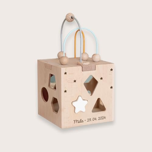 hellomini Personalisierter Motorikwürfel aus Holz – Lernspielzeug zur Förderung der Motorik – Individuell mit Namen graviert Kinder (Stern, Schreibschrift) von hellomini