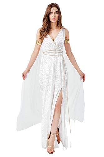 Damen Halloween-Kostüm, griechische Göttin Athena, V-Ausschnitt, ärmellos, römisch, Olympia, Toga, komplettes Set, weiß, Small von helymore