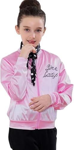 helymore 50s Mädchen Pink Satin Ladys Jacke with Neck Scarf Halloween Karneval Kostüme Kleine Kinder Rosa Mantel Top Größe 8 von helymore