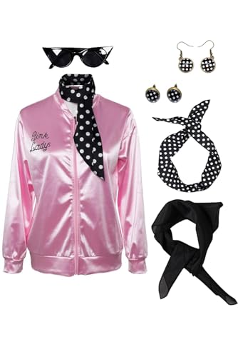 helymore Damen-Kostüm im 50er Jahre Stil Sand Rosa Satin Jacke mit Halstuch T-Vogel Danny Halloween Kostüm, Größe 3XL helymore Damen-Kostüm im 50er Jahre Stil Sand Rosa Satin Jacke mit Halstuch T-Vogel Danny Halloween Kostüm, Größe 3XL von helymore