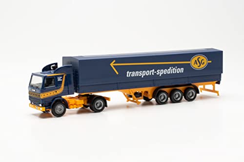 herpa 315272 Scania 142 Planen-Sattelzug ASG, originalgetreu im Maßstab 1:87, Modell LKW für Diorama, Modellbau Sammlerstück, Made in Germany, Deko, Miniaturmodell aus Kunststoff, blau, gelb von herpa