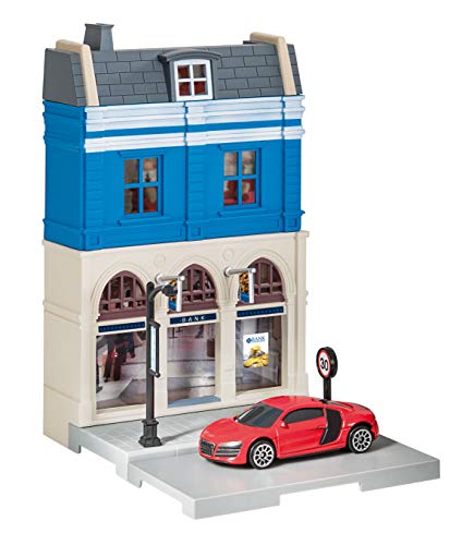 Herpa 800037 Fahrzeug City: Bankgebäude mit Audi R8 zum Basteln, Spielen und als Geschenk, Mehrfarbig von herpa