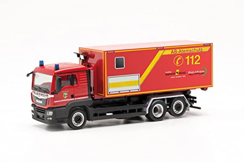 Herpa Feuerwehr Modellauto Man TGS Wechsellader-LKW „Feuerwehr Frechen“, originalgetreu im Maßstab 1:87, Auto Modell für Diorama, Modellbau Sammlerstück, Deko Miniaturmodelle aus Kunststoff von herpa