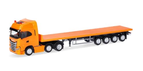 Herpa LKW Modell Iveco S-Way 6x2 Flachbett-Sattelzug, Miniatur im Maßstab 1:87, Sammlerstück, Made in Germany, Kunststoff, Farbe: ommunalorange Herpa LKW Modell Iveco S-Way 6x2 Flachbett-Sattelzug, Miniatur im Maßstab 1:87, Sammlerstück, Made in Germany, Kunststoff, Farbe: ommunalorange von herpa