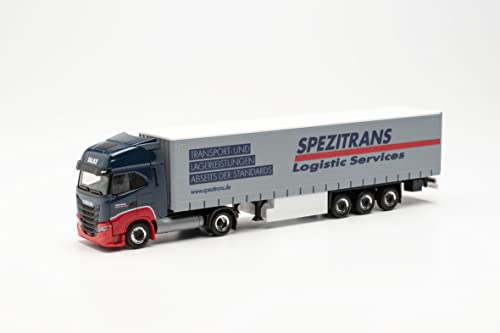 Herpa LKW Modell Iveco S-Way LNG Gardinenplanen-Sattelzug „Spezitrans“, originalgetreu im Maßstab 1:87, Modell LKW für Diorama, Modellbau Sammlerstück, Deko Miniaturmodelle aus Kunststoff von herpa