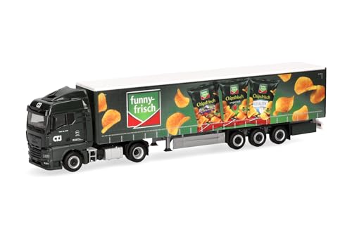 Herpa LKW Modell Man TGX GM Gardinenplanen-Sattelzug CTJ/Funny Frisch (Nordrhein-Westfalen/Dormagen), Miniatur im Maßstab 1:87, Sammlerstück, Made in Germany, Kunststoff, Weiß von herpa
