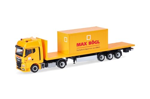 Herpa LKW Modell Man TGX GX Flachbett-Sattelzug mit Bürocontainer Max Bögl (Bayern/Sengenthal), Miniatur im Maßstab 1:87, Sammlerstück, Made in Germany, Kunststoff von herpa