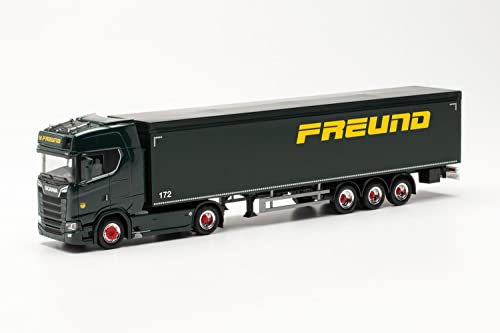 Herpa LKW Modell Scania CS 20 HD Schubboden-Sattelzug „Spedition Freund“, originalgetreu im Maßstab 1:87, Modell LKW für Diorama, Modellbau Sammlerstück, Deko Miniaturmodelle aus Kunststoff von herpa