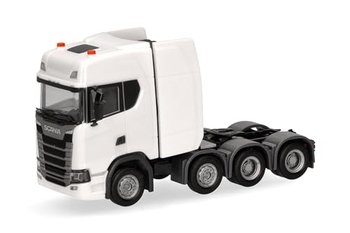 Herpa LKW Modell Scania CS20 Hochdach Schwerlastzugmaschine 4achs (8x4), Zugmaschine mit Ladekran und Heckabstützung, Miniatur im Maßstab 1:87, Sammlerstück, Made in Germany, Kunststoff von herpa