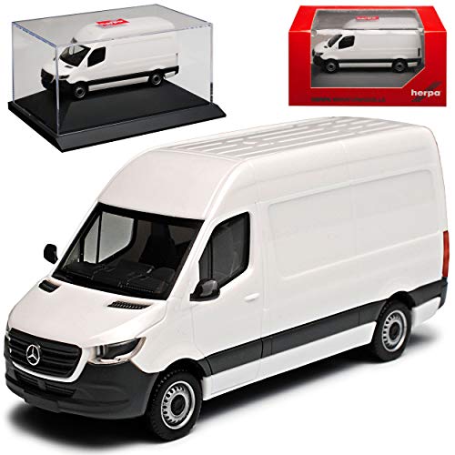 Herpa Mercedes-Benz Sprinter CS30 W907 W910 Transporter Kasten Weiss 3. Generation Ab 2018 mit Sockel und Vitrine H0 1/87 Modell Auto mit individiuellem Wunschkennzeichen von herpa