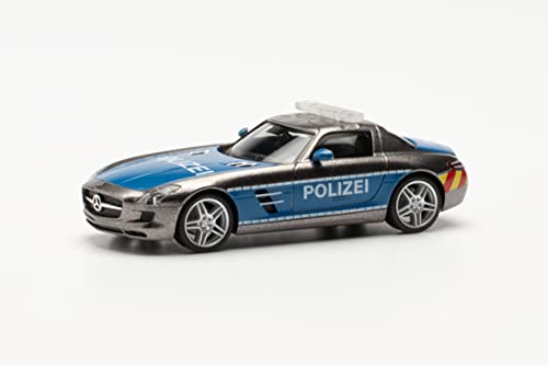 Herpa Modellauto Mercedes-Benz SLS AMG „Polizei Showcar“, originalgetreu im Maßstab 1:87, Auto Modell für Diorama, Modellbau Sammlerstück, Deko Automodelle aus Kunststoff, Farbe: graumetallic von herpa