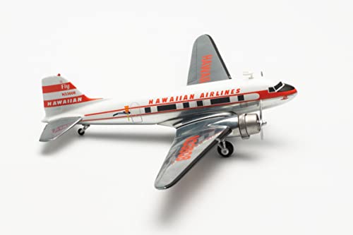 Herpa Modellflugzeug Hawaiian Airlines Douglas DC-3 "Viewmaster N33608 Maßstab 1:200 - Modellbau Flugzeug, Flugzeugmodell für Sammler, Miniatur Deko, Flieger ohne Standfuß aus Metall von herpa