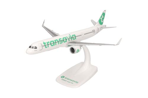 Herpa Snap-Fit Modellflugzeug Transavia Airbus A321neo - PH-YHZ Miniatur im Maßstab 1:200, Sammlerstück, Modell mit Standfuß, Kunststoff, Weiß, Grün von herpa