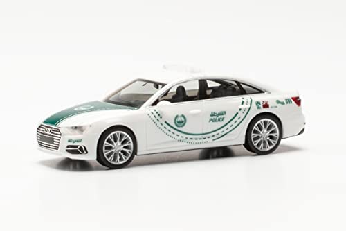 herpa 096935 Modellauto Audi A6 Limousine „Polizei Dubai“, originalgetreu im Maßstab 1:87, Auto Modell für Diorama, Modellbau Sammlerstück, Deko Miniaturmodelle aus Kunststoff, weiß von herpa
