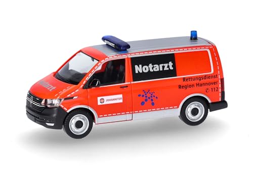 Herpa Modellauto VW T6.1 Bus NEF Rettungsdienst Region Hannover/Johanniter, Miniatur im Maßstab 1:87, Sammlerstück, Made in Germany, Modell aus Kunststoff, Rot von herpa