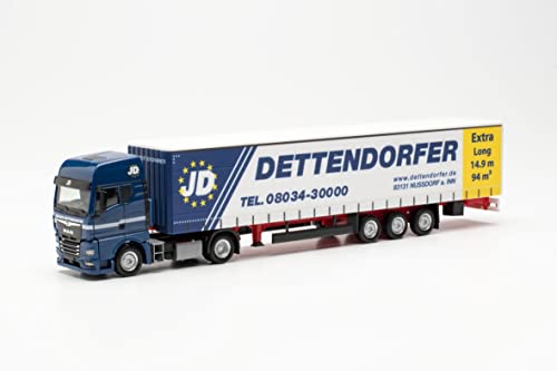 herpa 315920 TGX GX Gardinenplanen-Sattelzug 15m „Dettendorfer“, originalgetreu im Maßstab 1:87, Modell LKW für Diorama, Modellbau Sammlerstück, Deko Miniaturmodelle aus Kunststoff, Mehrfarbig von herpa