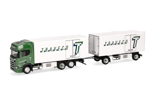 Herpa LKW Modell Scania CR20 HD Kühlkoffer-Hängerzug Traveco (Schweiz/Sursee), Miniatur im Maßstab 1:87, Sammlerstück, Made in Germany, Kunststoff von herpa