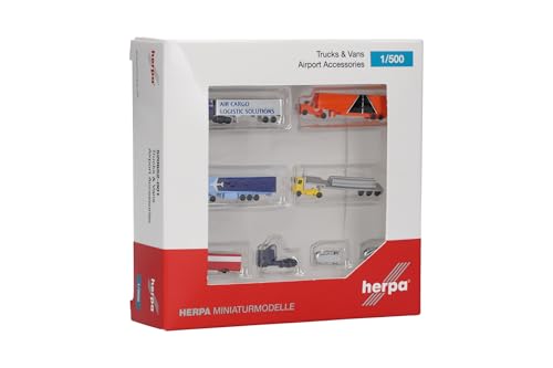 herpa 520652-001 Trucks and Vans Airport Set im Maßstab 1:500, LKW und Modellautos, Modelleisenbahn Zubehör, Miniatur Modell, Kunststoff Miniaturmodell, Mehrfarbig von herpa