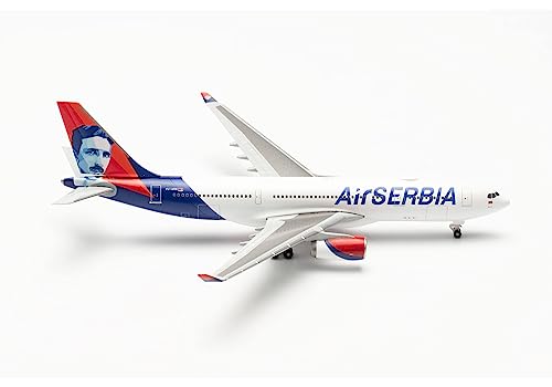 herpa Modellflugzeug Air Serbia Airbus A330-200 – YU-ARB Nikola Tesla Miniatur im Maßstab 1:500, Modellbau, Flugzeugmodell für Sammler, Miniatur Deko, Flugzeug ohne Standfuß aus Metall von herpa